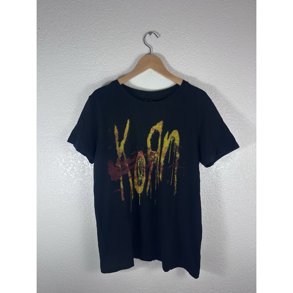 Korn Band T Shirt Black Distressed Logo Graphic Tee Size Large
